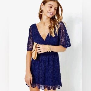 NWT Lilly Pulitzer Parigi Navy Blue Lace Romper, Medium